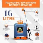 Pad Corp Li-Ion Lithium Battery Sprayer 12 Volt x 14 Amp 1 Year Battery Warranty, Light Weight, 4.5 LPM Copper Motor, 16 Liter Tank India's First Digital Volt Meter