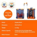 PAD Corp Double Shark 12 Volts X 14 Ampere Double Power Double Motor Battery Sprayer | 18 Liter Tank Capacity | 1.7Ah Charger | (Model-Double Shark)(Color- Gray-Orange)